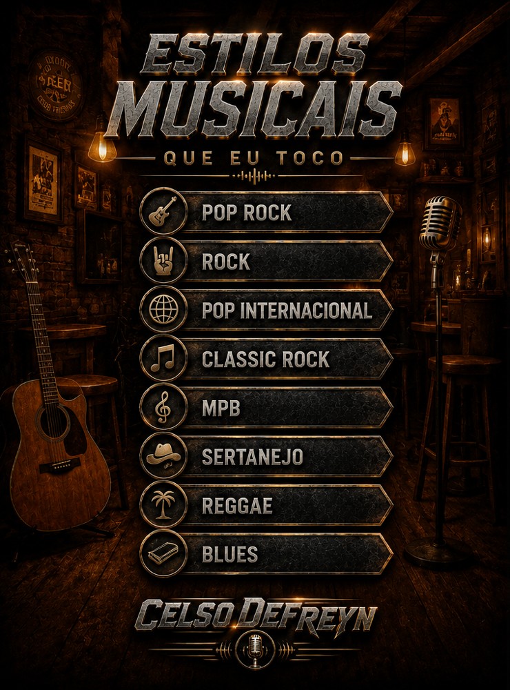 Estilos musicais que Celso de Freyn toca: Pop Rock, Rock, Pop Internacional, Classic Rock, MPB, Sertanejo, Reggae, Blues