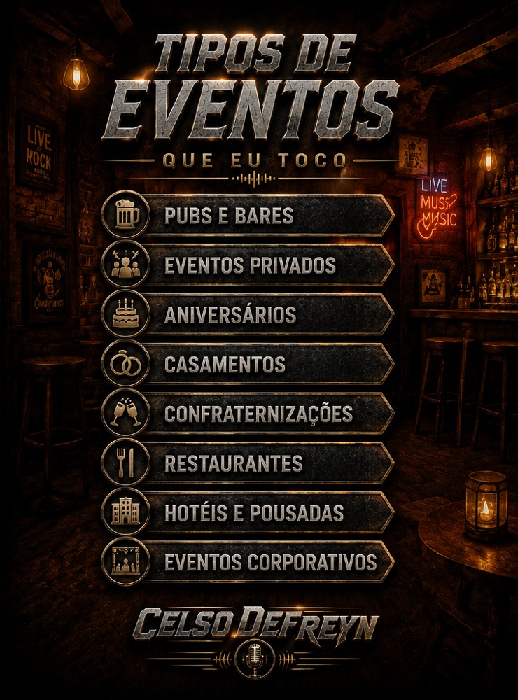 Tipos de evento: Pubs e Bares, Eventos Privados, Aniversários, Casamentos, Confraternizações, Restaurantes, Hotéis e Pousadas, Eventos Corporativos