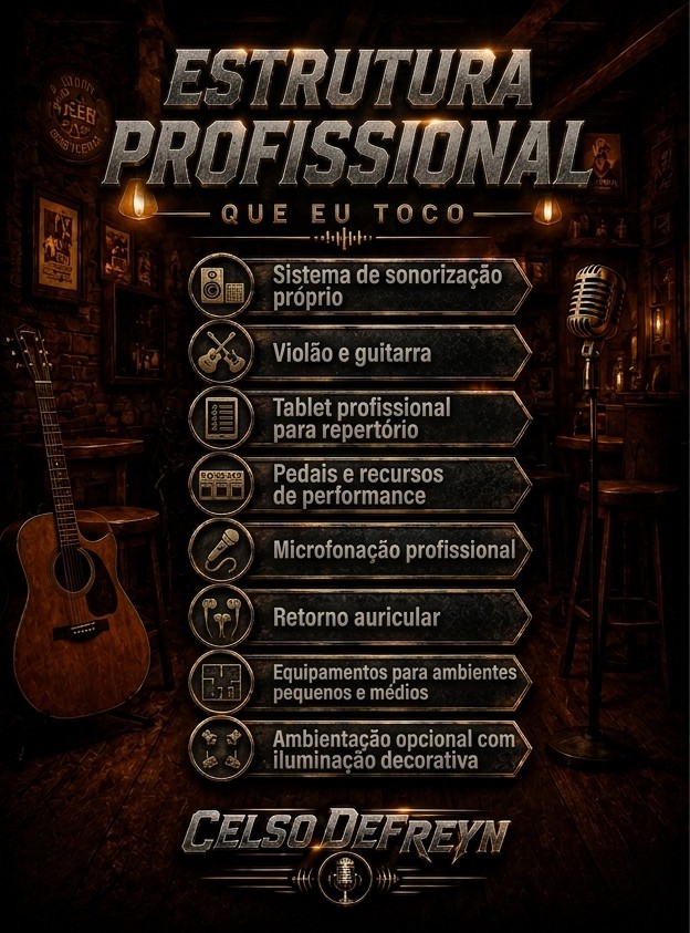 Estrutura profissional de Celso de Freyn: sistema de sonorização próprio, violão e guitarra, tablet profissional para repertório, pedais e recursos de performance, microfonação profissional, retorno auricular, equipamentos para ambientes pequenos e médios, ambientação opcional com iluminação decorativa